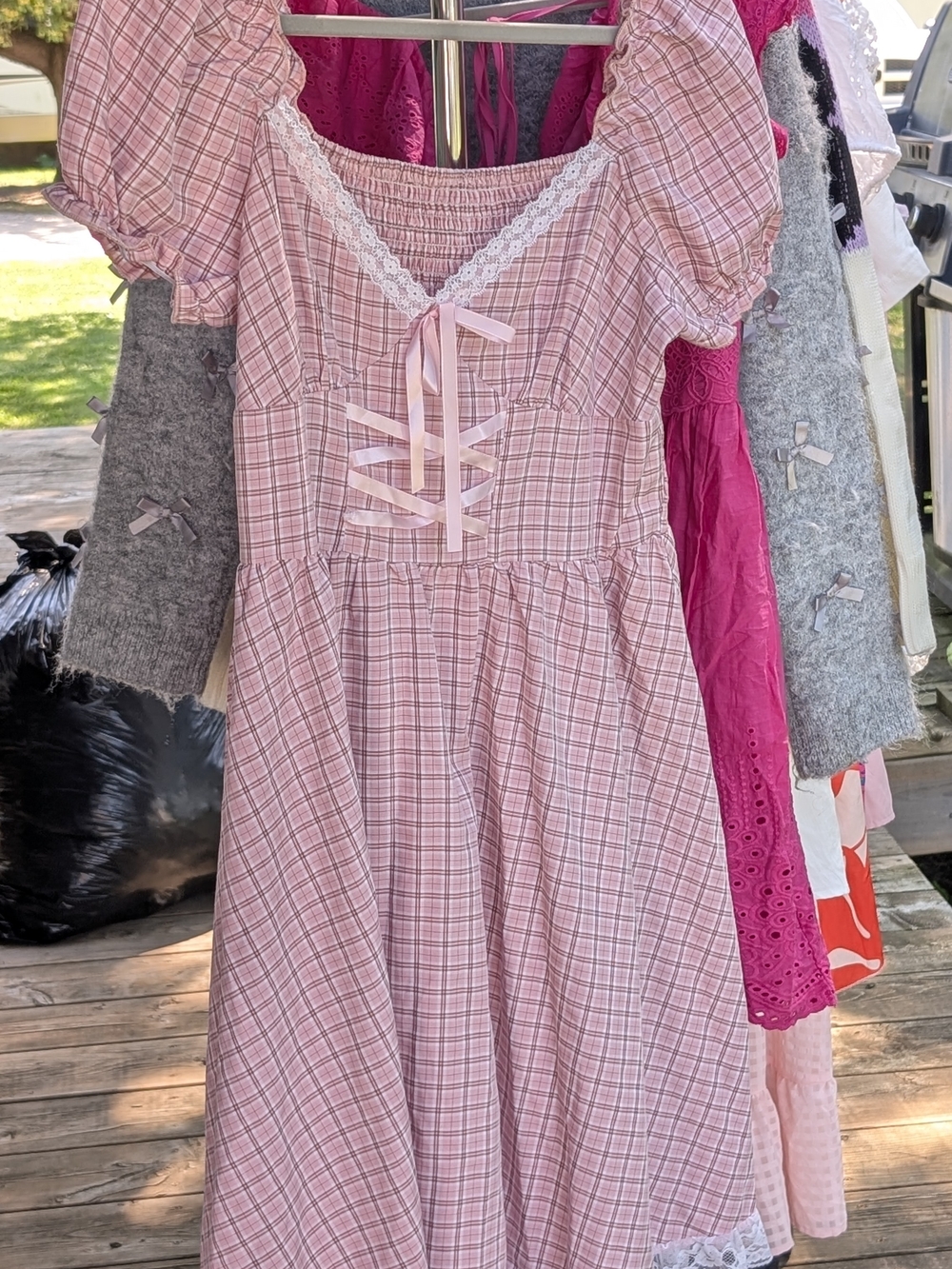 ROMWE Pink Plaid Lace-Up Puff Sleeve Midi Dress